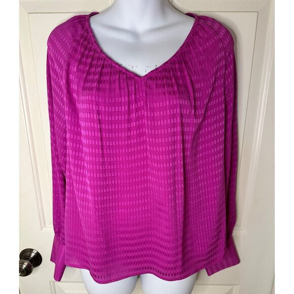 Calvin Klein Womens Fuchsia Long Sleeve Blouse With Textured Checkered Pattern S - Picture 2 of 7
